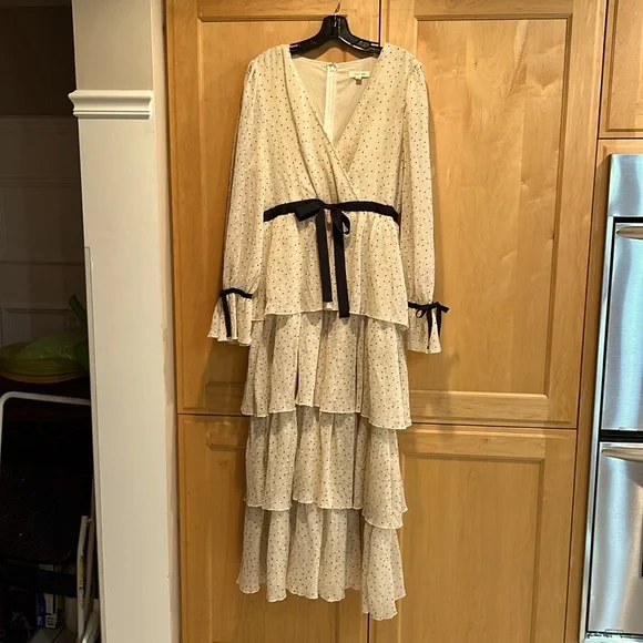 Just Me | Dresses | Elegant Cream Polka Dot Dress With Black Accents And  Ruffles Light Airy | Poshmark